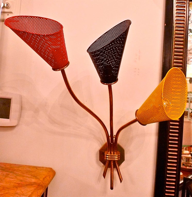 French 1950's Perforated Metal Trumpet Lily Wall Light For Sale 5