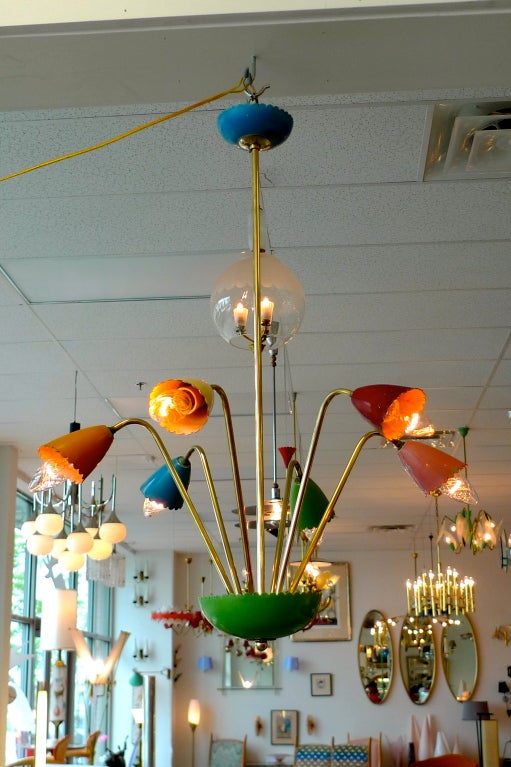 Whimsical and fun flowerpot style chandelier with the lights as long stem flowers growing from a central bowl.  Note that bowl, light-head cones and original ceiling canopy all have scalloped edges.  Original paint.  Colors  still vibrant with some