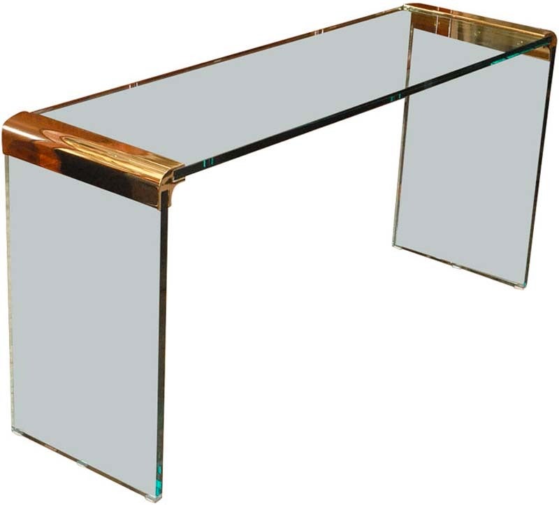 An all time classic from the Pace Collection by Leon Rosen.  3/4 inch thick glass console table with brass finished mounts