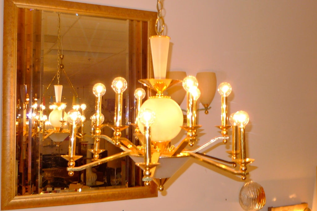 Italian Brass & Frosted Glass Chandelier For Sale