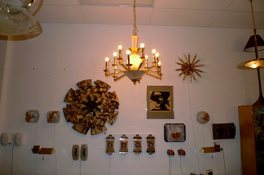 Late 20th Century Brass & Frosted Glass Chandelier For Sale