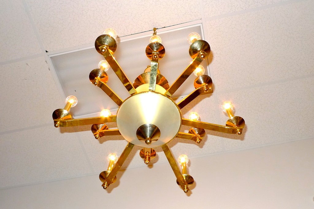 Brass & Frosted Glass Chandelier For Sale 1