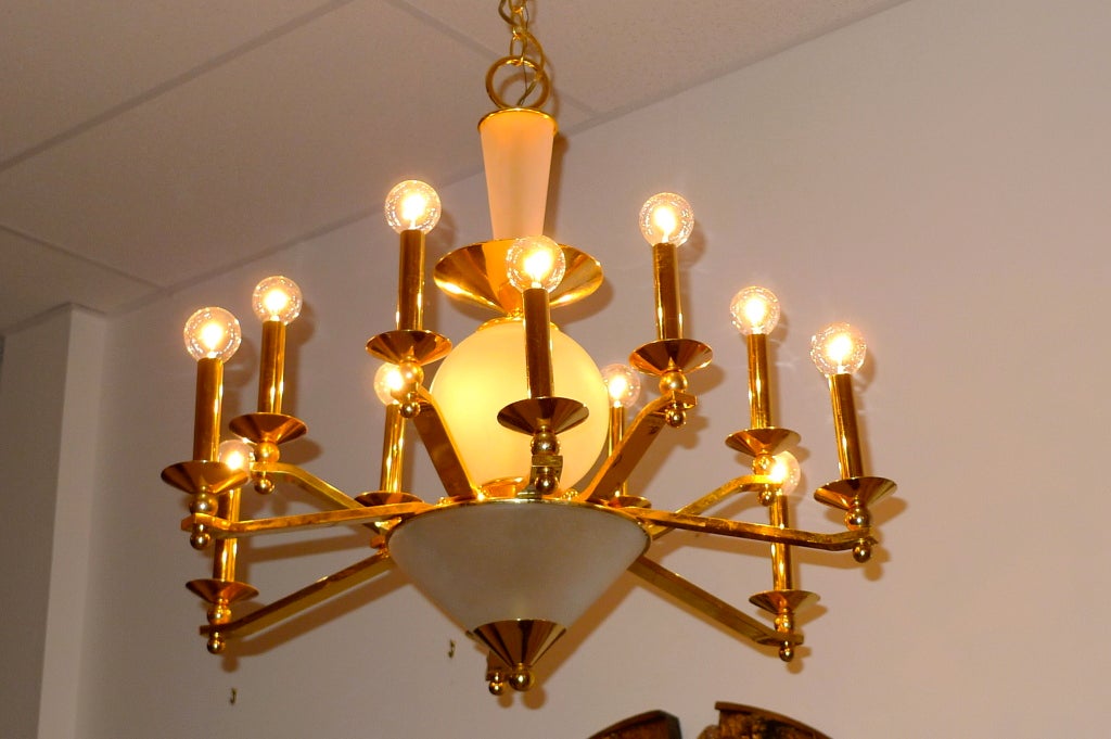 Brass & Frosted Glass Chandelier For Sale 2