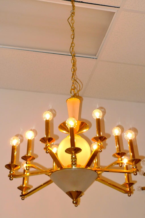 Brass & Frosted Glass Chandelier For Sale 3
