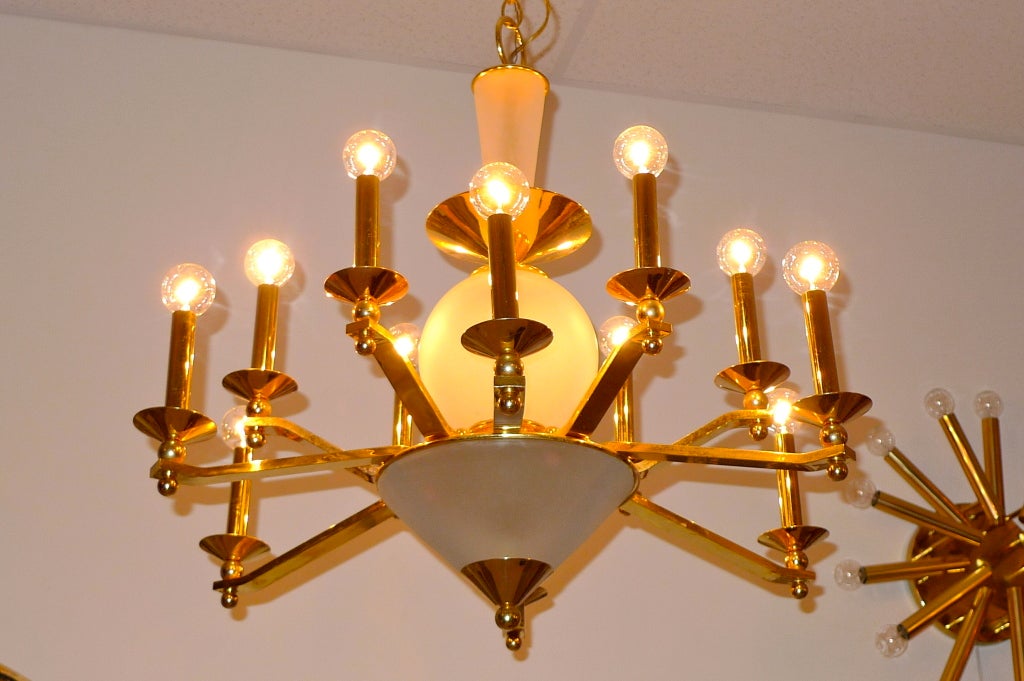 Brass & Frosted Glass Chandelier For Sale 4
