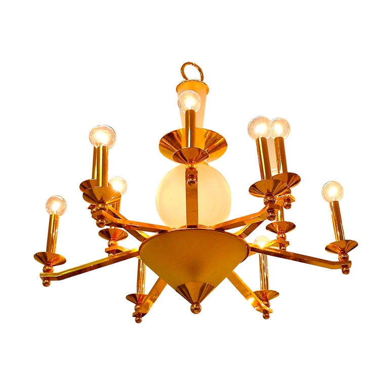 Brass & Frosted Glass Chandelier For Sale