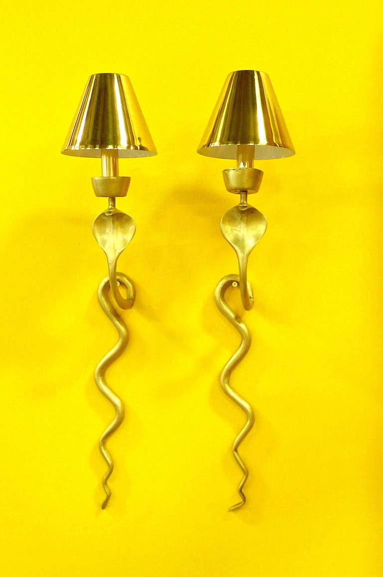 Pair of French Brass Cobra Sconces In Excellent Condition In Hanover, MA