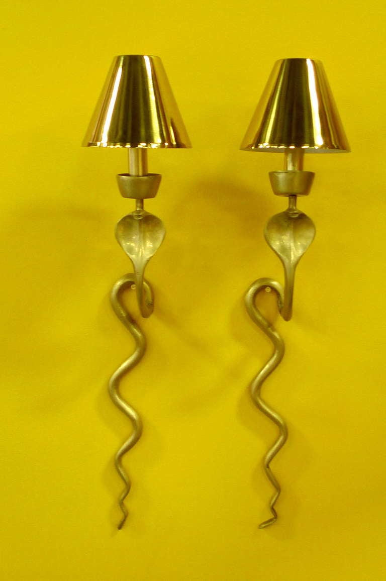 Mid-20th Century Pair of French Brass Cobra Sconces