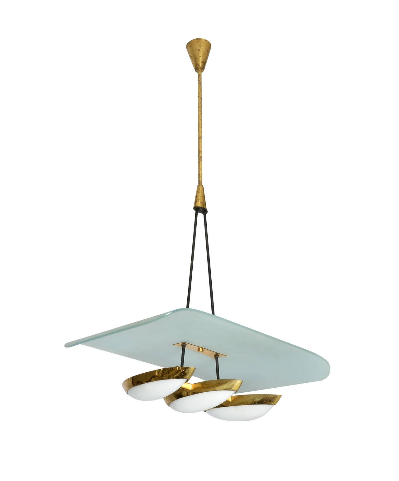 Magnificent suspension chandelier by Arredoluce Monza circa 1953.  Three polished brass up-lights with perspex lenses seem like pontoons bearing aloft the frosted glass reflector.  Suspended from polished brass and black enamaled brass structure.