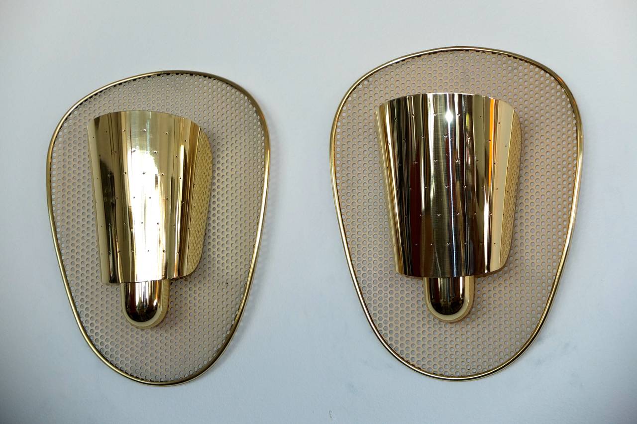 Mid-Century Modern Pair of Brass & Perforated Metal Sconces by Jacques Biny