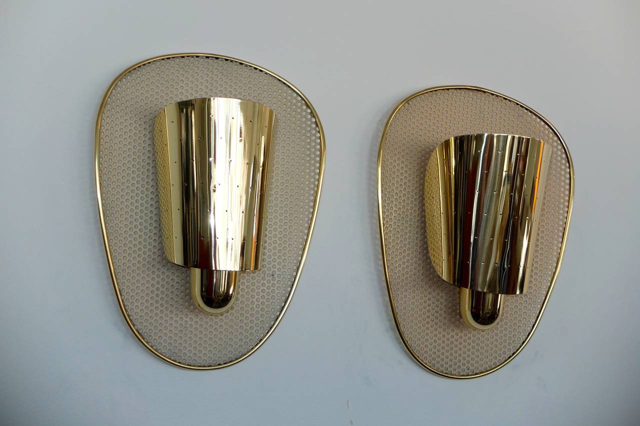 Pair of Brass & Perforated Metal Sconces by Jacques Biny In Excellent Condition In Hanover, MA