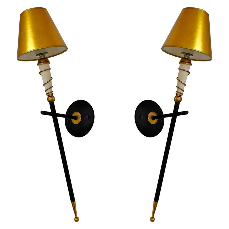 Pair of French Modernist Torch Sconces Attributed to Perzel For Sale