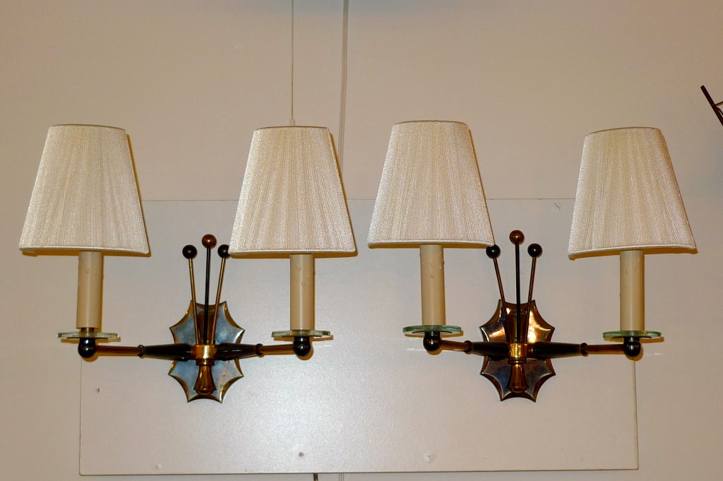 Mid-20th Century 5 Pair of Gunmetal & Brass Sconces by Maison Jansen For Sale