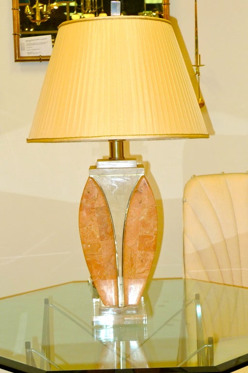 Tessellated Stone and Brass Lamp on Lucite Base For Sale 3