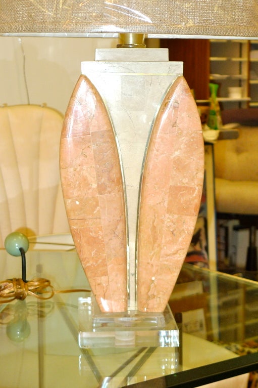 Tessellated Stone and Brass Lamp on Lucite Base For Sale 4