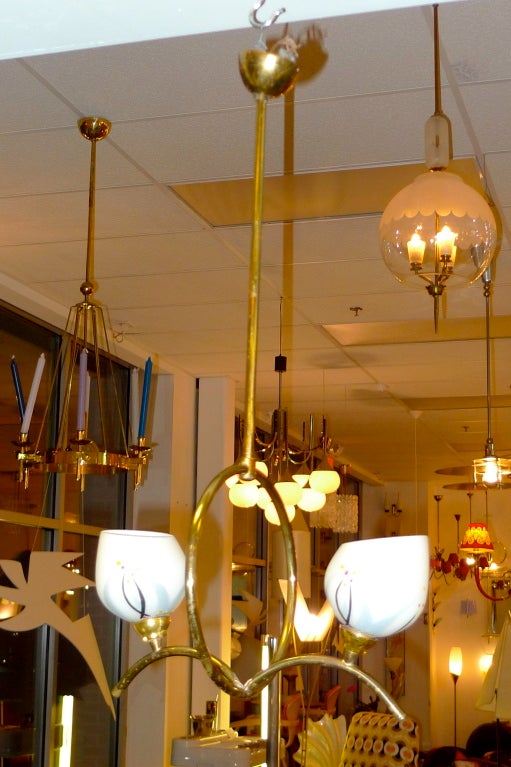 French 1940's Brass & Opaline 2 Globe Pendant