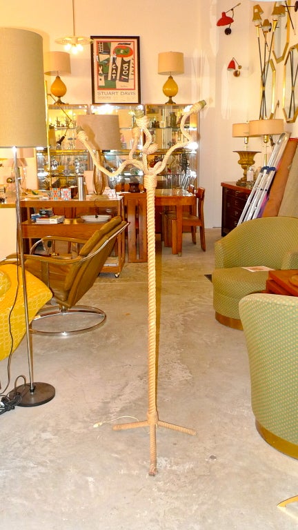 French 1950's tripod floor lamp in twisted rope with four 'gooseneck' arms by Adrien Audoux and Frida Minet.