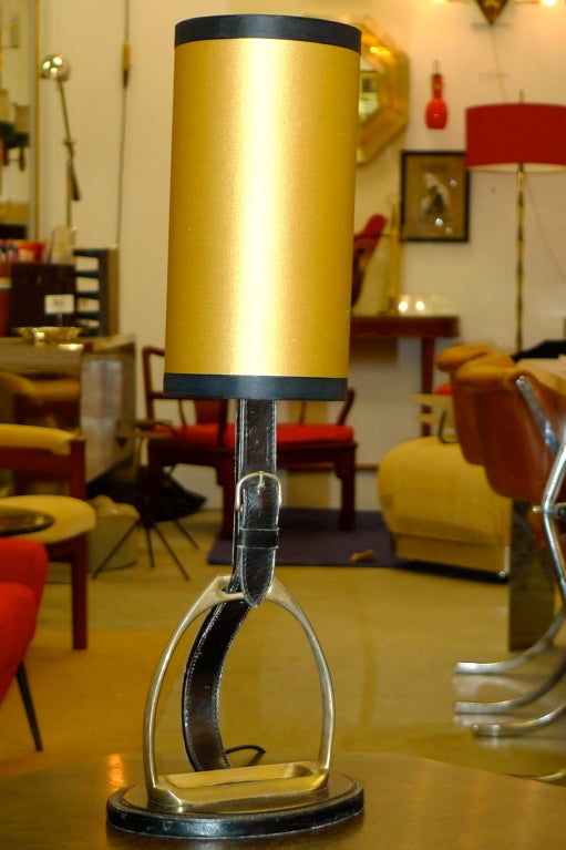 Mid-20th Century Equestrian Stitched Leather & Brass Lamp by Longchamps For Sale