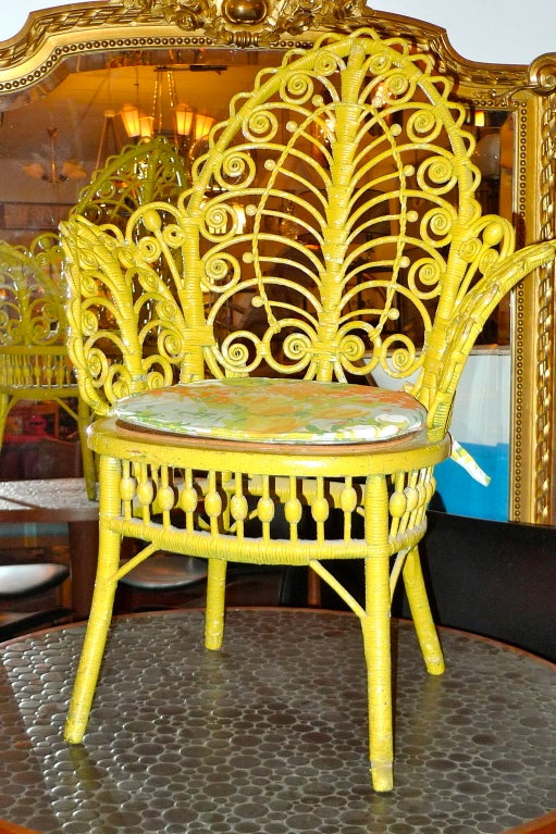 American Antique Yellow Painted Wicker Fiddelhead Chair