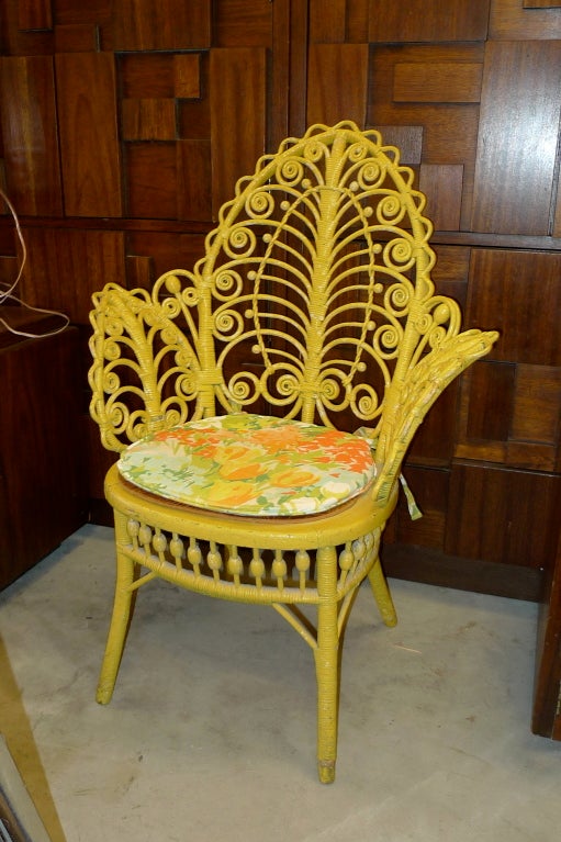 Mid-20th Century Antique Yellow Painted Wicker Fiddelhead Chair