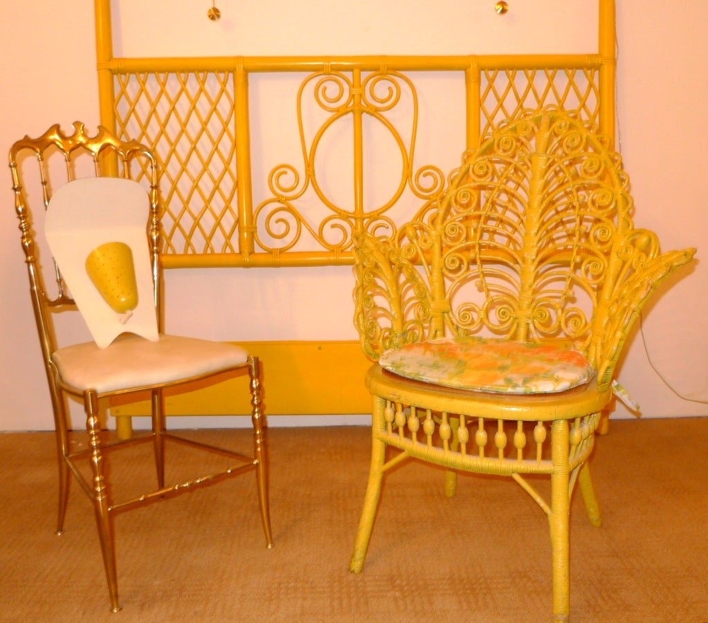 Antique Yellow Painted Wicker Fiddelhead Chair 2