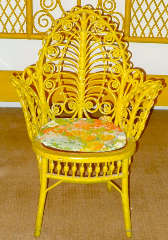 Antique Yellow Painted Wicker Fiddelhead Chair 3