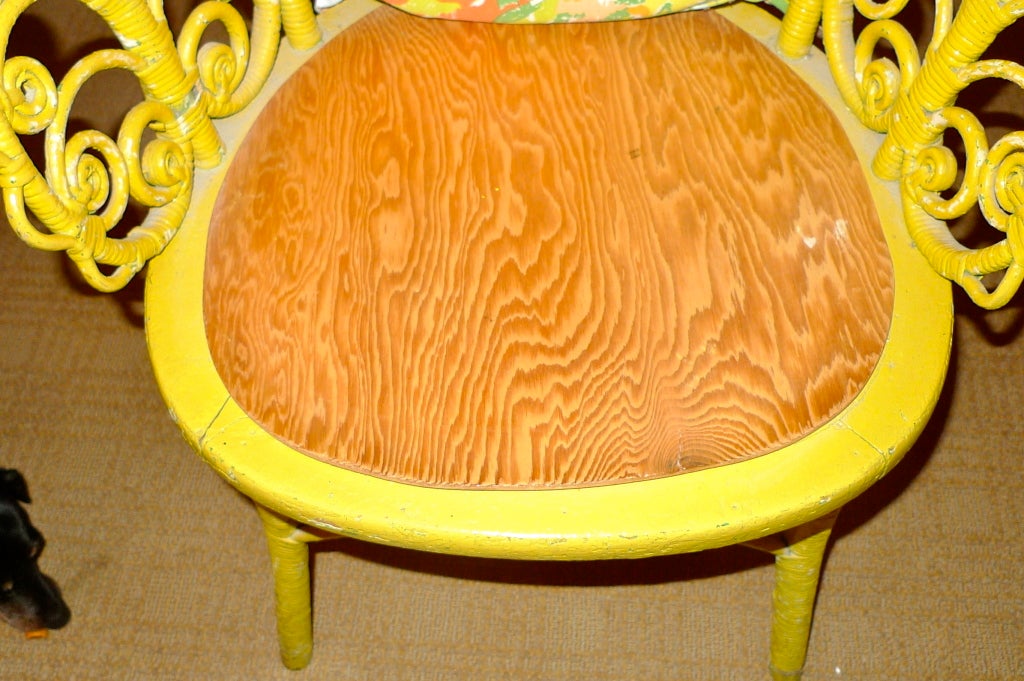 Antique Yellow Painted Wicker Fiddelhead Chair 4