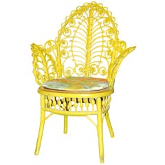 Antique Yellow Painted Wicker Fiddelhead Chair