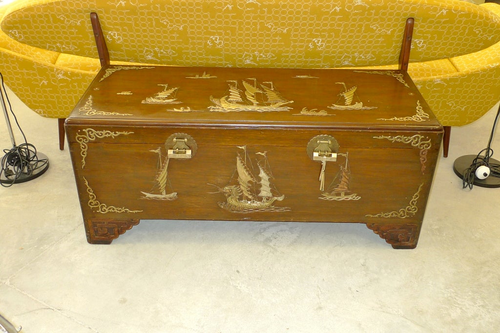 Chinese Export Vintage Hong Kong Camphor Seamans Trunk with Brass Inlay by George Zee and Co. For Sale