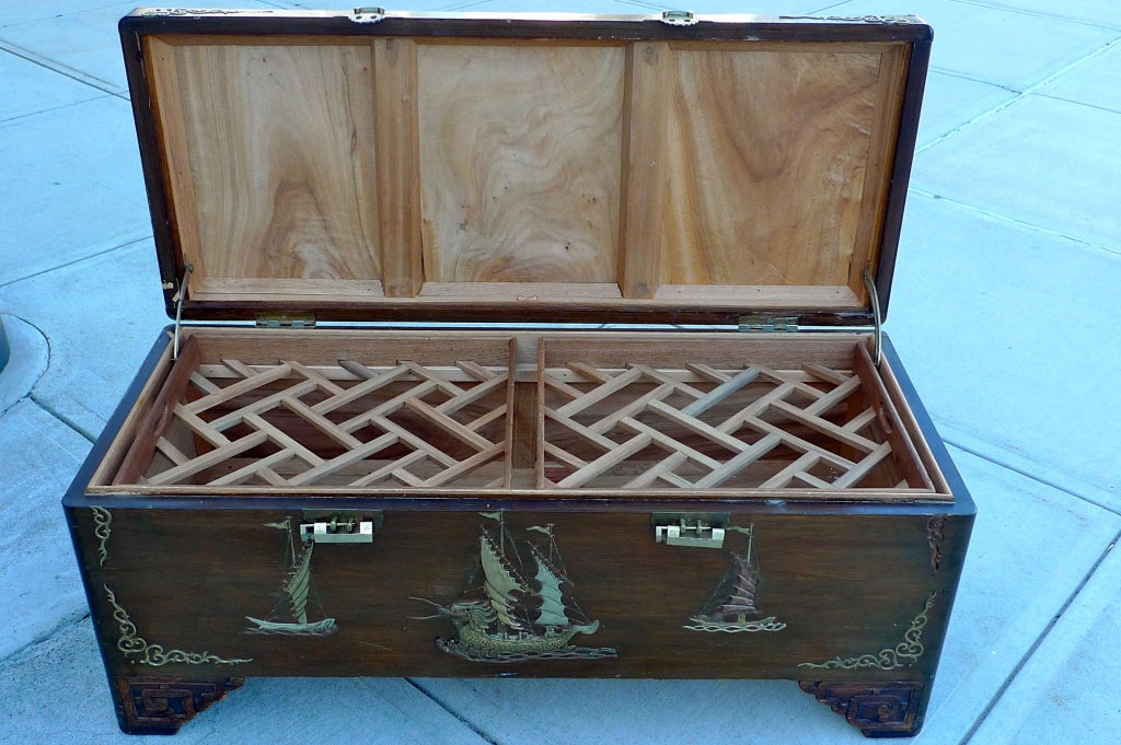 Vintage Hong Kong Camphor Seamans Trunk with Brass Inlay by George Zee and Co. In Good Condition For Sale In Hanover, MA