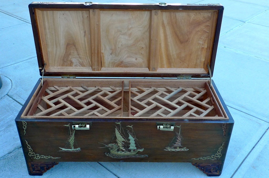 Vintage Hong Kong Camphor Seamans Trunk with Brass Inlay
