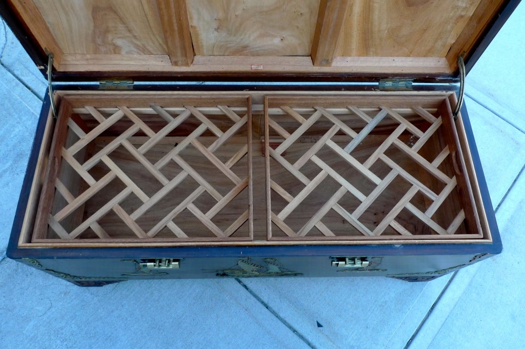 Mid-20th Century Vintage Hong Kong Camphor Seamans Trunk with Brass Inlay by George Zee and Co. For Sale