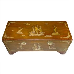 Vintage Hong Kong Camphor Seamans Trunk with Brass Inlay by George Zee and Co.