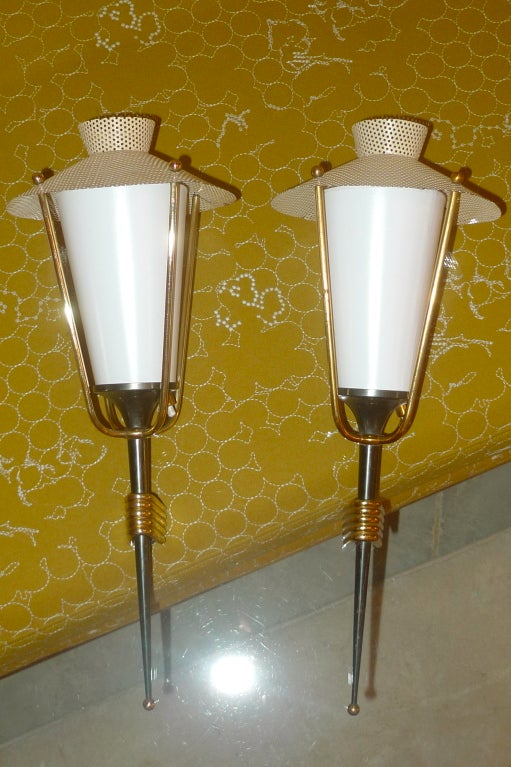 Pair of French 1950's Gunmetal Lantern Sconces by Arlus In Good Condition In Hanover, MA