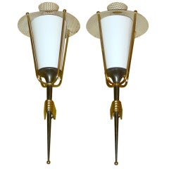 Pair of French 1950's Gunmetal Lantern Sconces by Arlus 12
