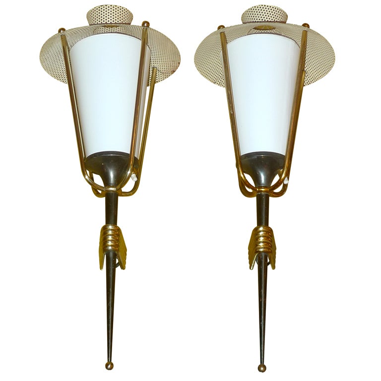 Pair of French 1950's Gunmetal Lantern Sconces by Arlus
