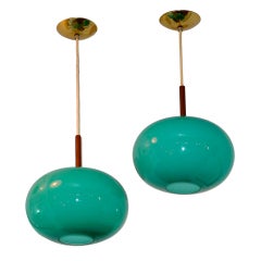 Vintage Pair of Turquoise Glass Pendants by Prescolite