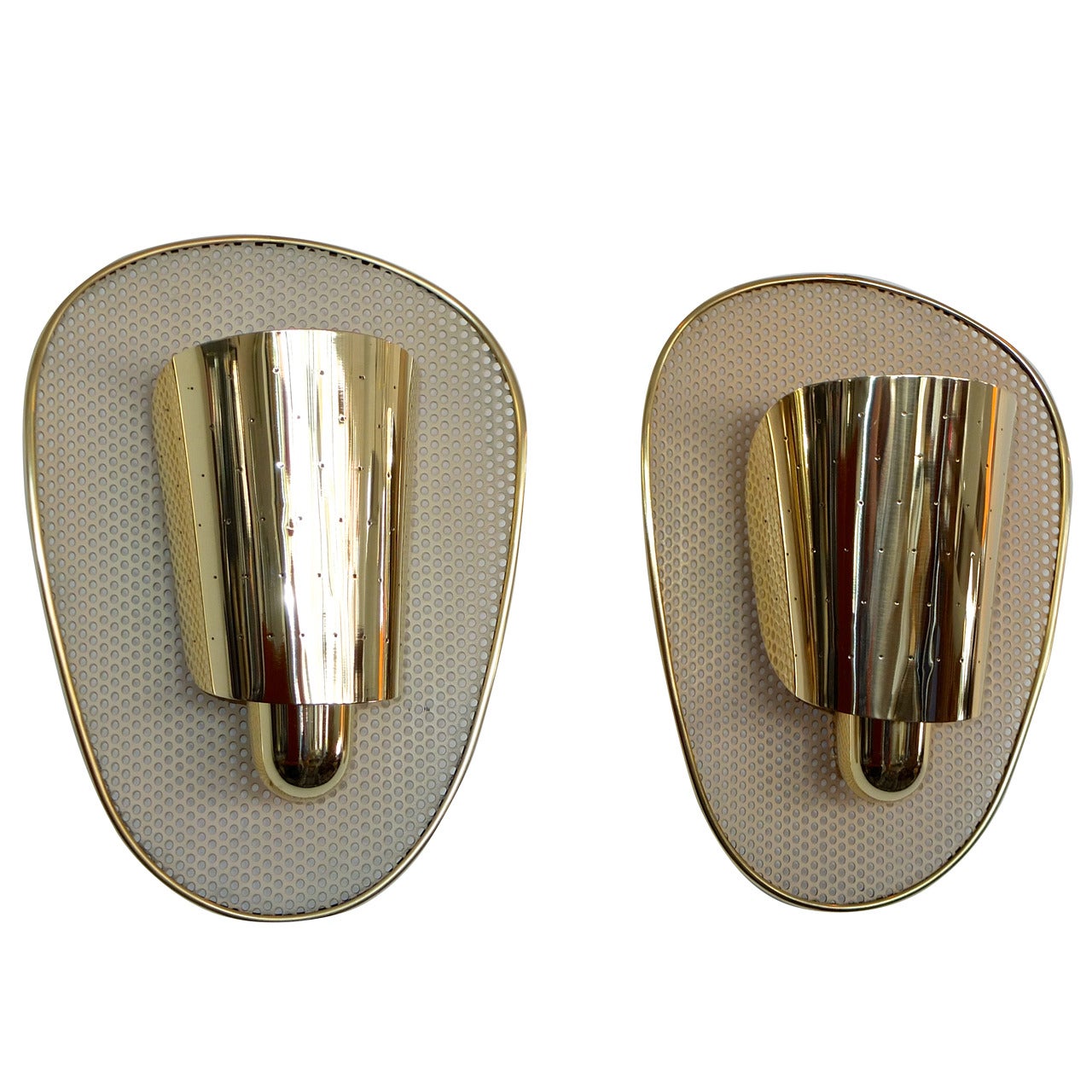 Pair of Brass & Perforated Metal Sconces by Jacques Biny