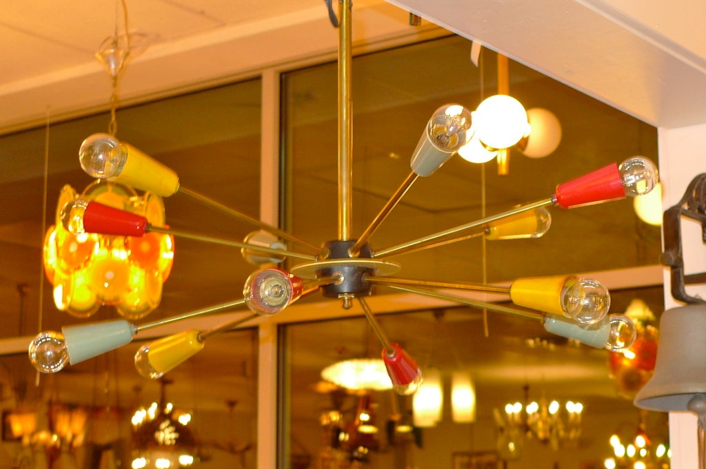 French 1950's twelve arm multi-color Sputnik chandelier.