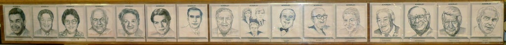 Framed series of American modern pen and ink drawings, sixteen portraits of Boston 