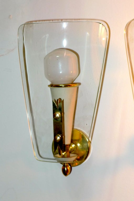 Enameled Pair of Petite Italian Bent Glass Sconces For Sale