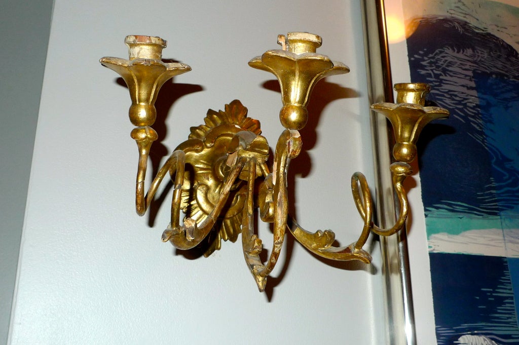 Pair of Period Baroque Venetian Giltwood Sconces In Fair Condition For Sale In Hanover, MA