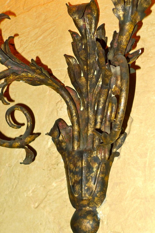 Set of Eight Italian Gilt Metal Double Branch Sconces For Sale 1