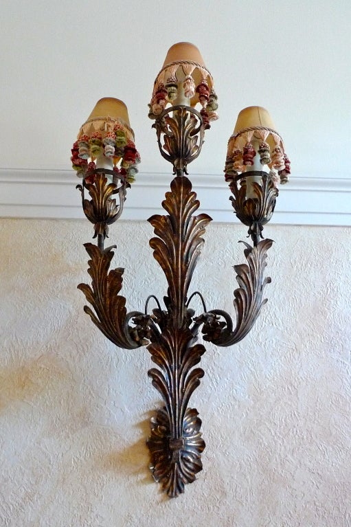 Palazzo Scale Italian Tole Sconces With Acanthus Leaves In Excellent Condition In Hanover, MA