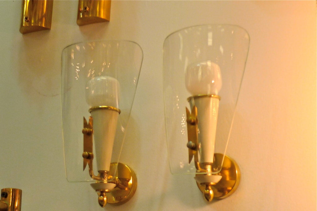 Brass Pair of Petite Italian Bent Glass Sconces For Sale