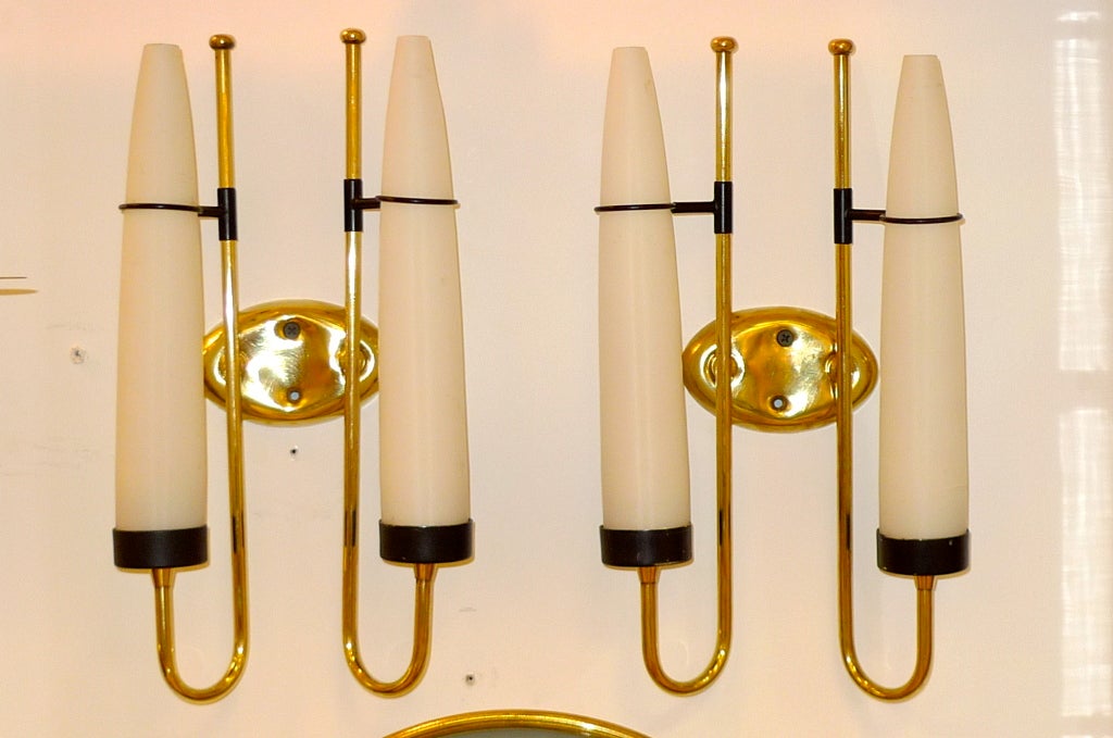 Pair of Italian Brass & Opaline Glass Candle Sconces In Excellent Condition In Hanover, MA