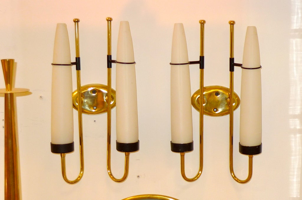 Mid-20th Century Pair of Italian Brass & Opaline Glass Candle Sconces