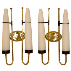 Pair of Italian Brass & Opaline Glass Candle Sconces