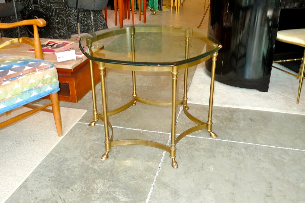 LaBarge Brass Hexagonal Glass Top High Table with Cloven Feet In Excellent Condition In Hanover, MA