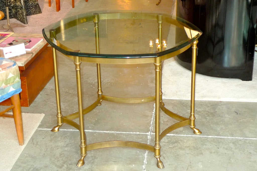 Mid-20th Century LaBarge Brass Hexagonal Glass Top High Table with Cloven Feet